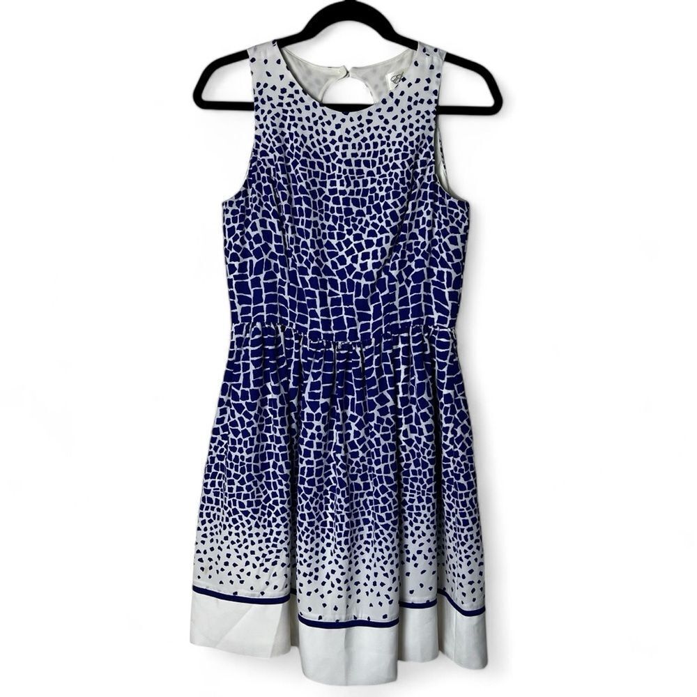 Eliza J - Women's Fit & Flare Tea Dress‎ Blue & White Mosaic Print Pockets Sz. 4
